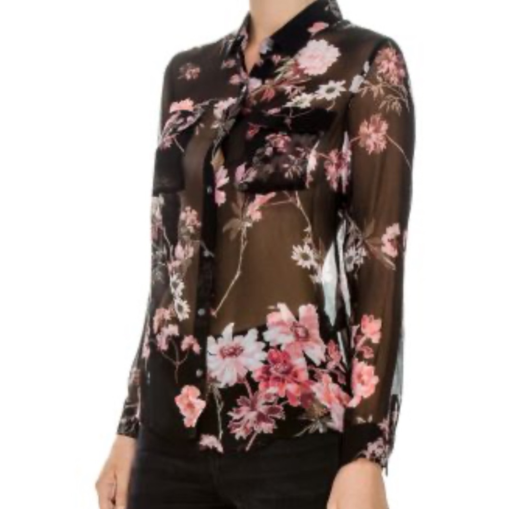 The Kooples Chic Floral Sheer Blouse In Black And Pink